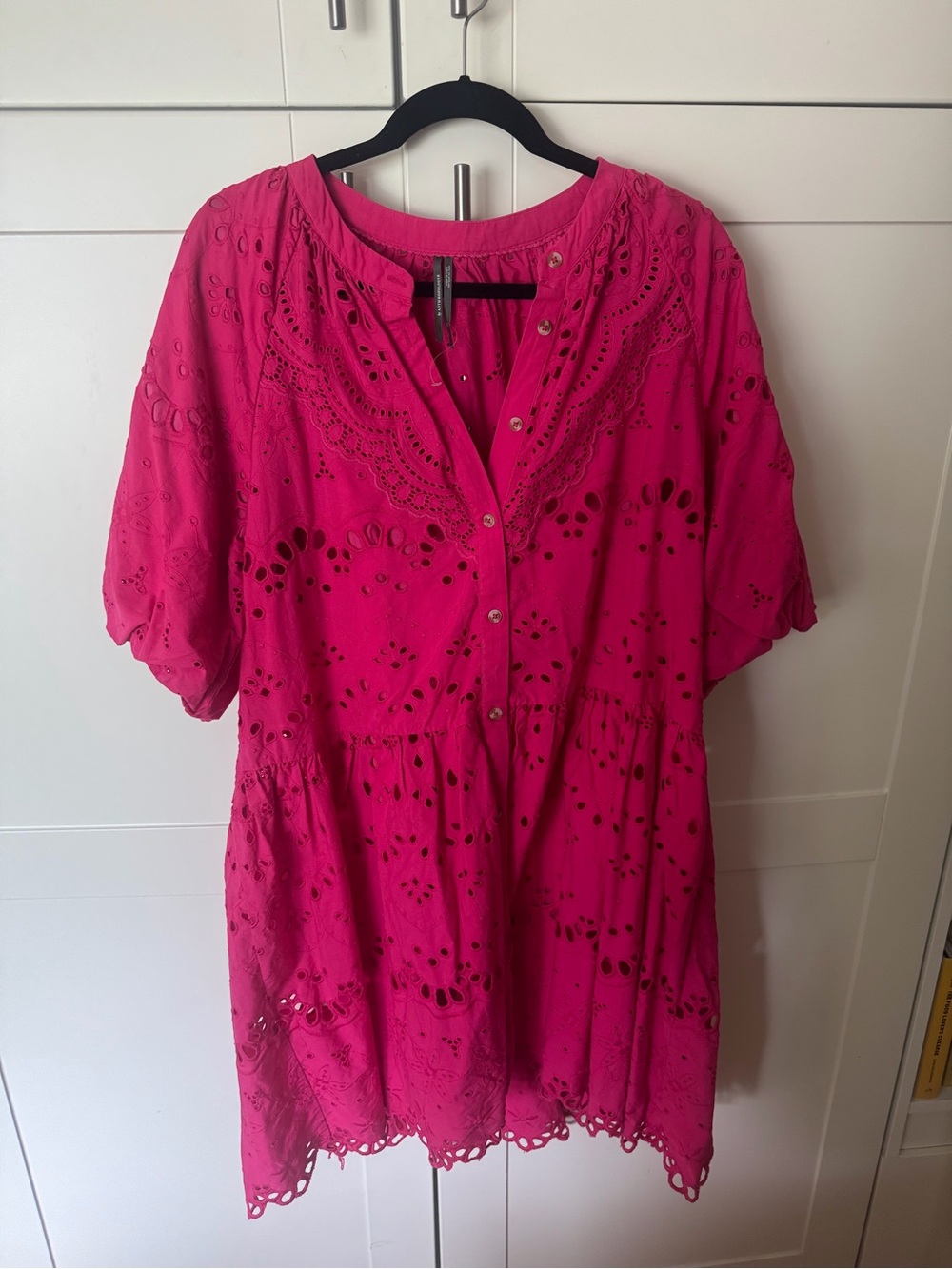 Anthropologie Hot Pink Eyelet Button-Front Midi Dress
